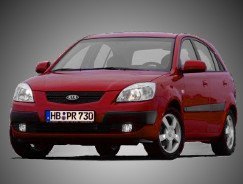 Ein roter Kia Rio auf grauem Hintergrund