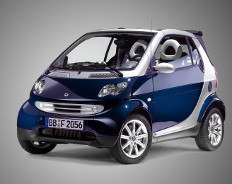 Ein blauer Smart Fortwo Cabrio auf grauem Hintergrund