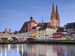 Regensburger Dom + Brücke im Hintergrund, Fluss im Vordergrund